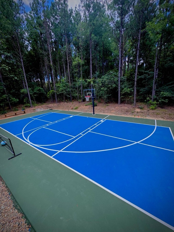 Blue and green basketball and pickleball court in the woods