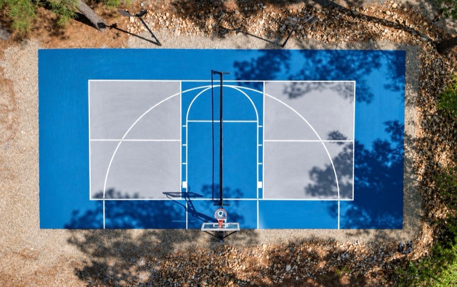 Overhead view of a blue combo court